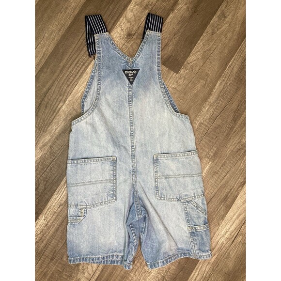 OshKosh 5T Denim Short Overalls Vestbak Carpenter Conductor Stripe Straps Unisex - Picture 4 of 9